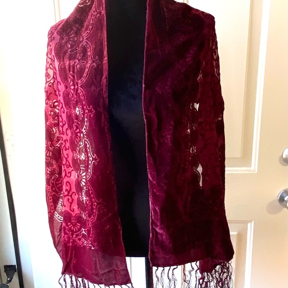 Gorgeous Cranberry Wine Colored Burn Out Scarf with Fringe - Picture 9 of 9